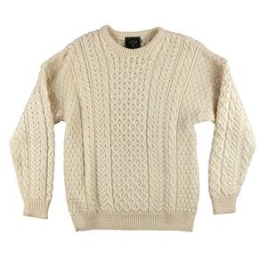 Carraig Donn Sweater Mens M Cream Merino Wool Cable Knit Pullover Ireland Made